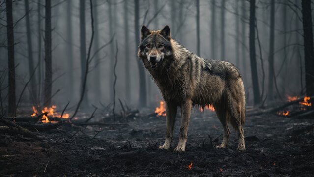 Wolf in forest after fire. Generative AI