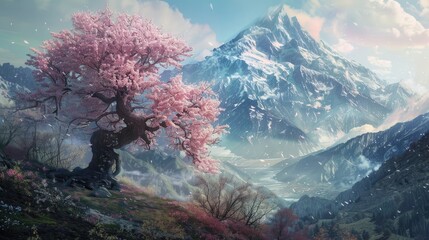 A huge cherry tree dominates the mountain landscape