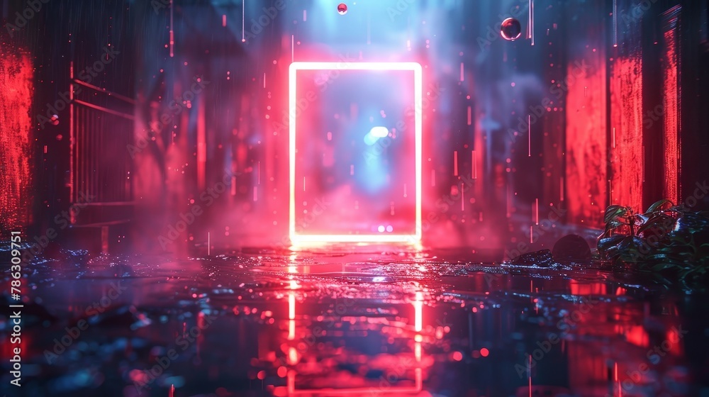 Poster In a dark cyberspace with hanging 3d spheres, neon rectangles glow in the dark. Abstract tech square border in modern technology style. Neon lamp background or podium.