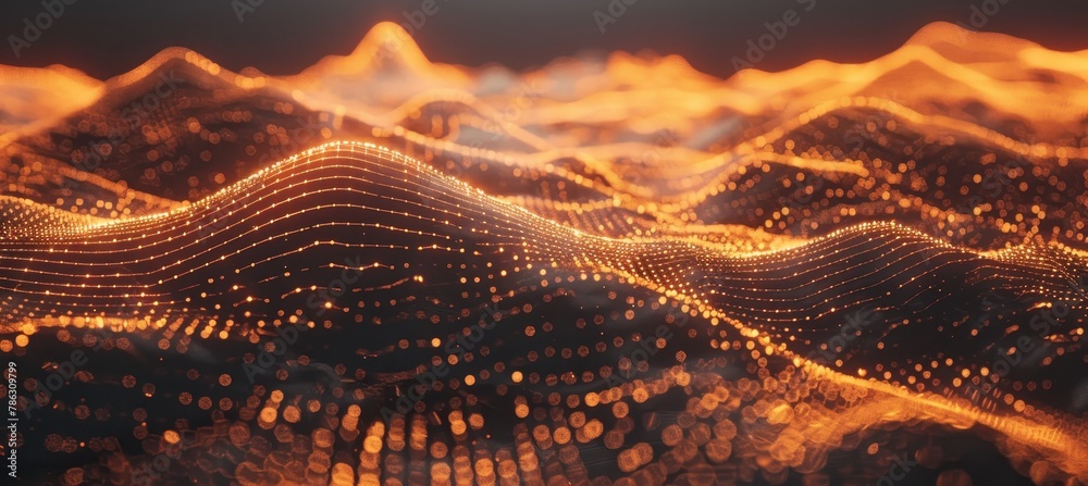 Poster digital network flow streamline connection of data particles in information technology wave