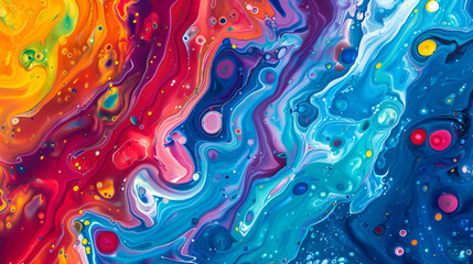 This photo shows a dynamic and colorful fluid painting with a striking variety of colors swirling and blending together in an abstract composition, abstract patterns formed by mixing liquid paints
 - obrazy, fototapety, plakaty