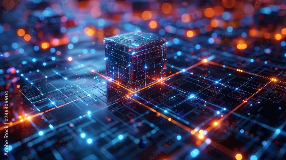 Poster Conceptual banner of blockchain technology. Mining, exchange, and peer-to-peer arbitration of cryptocurrency. Cube or block of digital financial information. Abstract background of fintech.
