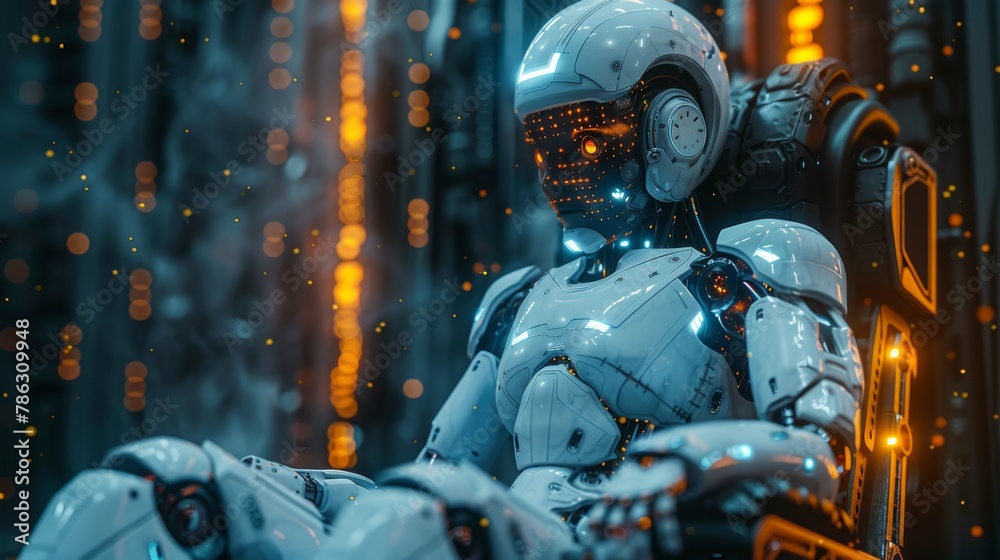 Poster AI or artificial intelligence depicted in image of female cyborg queen. Robotic woman majestically sits on throne in neon glow. Illustration of artificial intelligence computer neural network. AI has