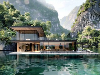 Modern house floats on lake amidst mountains, blending with natural landscape