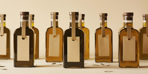 Row of dark glass olive oil bottles with blank beige tags, presenting a high-quality artisanal product look.