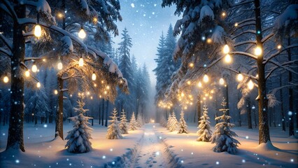 Snow Blankets Dark Forest, Illuminated by Twinkling Lights, Creating a Magical Winter Scene.