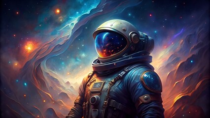 Beautiful Painting Depicting Astronaut Adrift in the Enchanting Depths of the Galaxy.