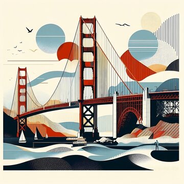 Golden Gate Bridge in USA contemporary style minimalist artwork collage illustration for social media poster ads created with generative ai