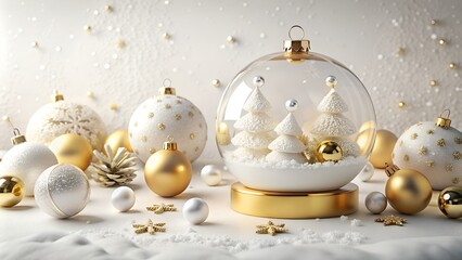 3D Render Featuring Festive White and Gold Ornaments, Glass Snow Globe.