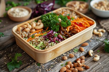 Buddha bowl with quinoa, beans, carrots and cashews.