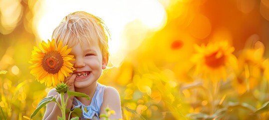 Child peeking behind sunflower in summer field with ample space for text placement