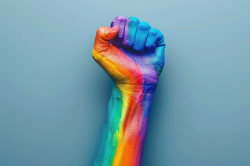 Close up of a raised fist with LGBT rainbow flag - obrazy, fototapety, plakaty