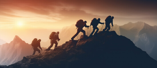 Group of people on peak mountain climbing helping team work - obrazy, fototapety, plakaty