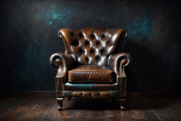 Vintage rustic armchair sofa in dark background, for photoshoot, model placement
