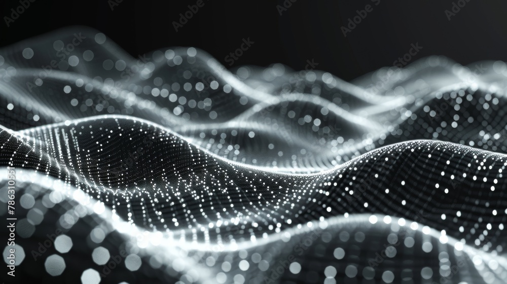 Poster There is a wave of dots and weave lines on an abstract background. There is network connection structure on the background.