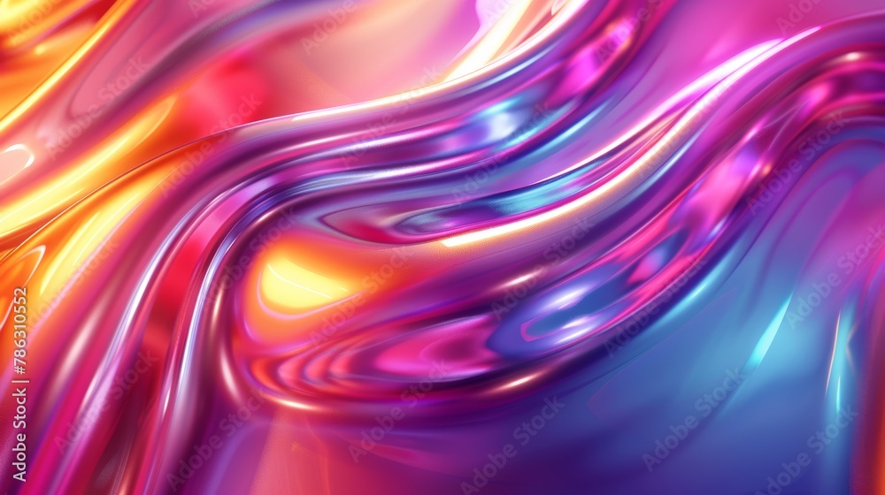 Poster 3D render of abstract fluid iridescent holographic metallic shiny curved wave in motion. Gradient design element for backgrounds, banners, wallpapers, posters, and covers.
