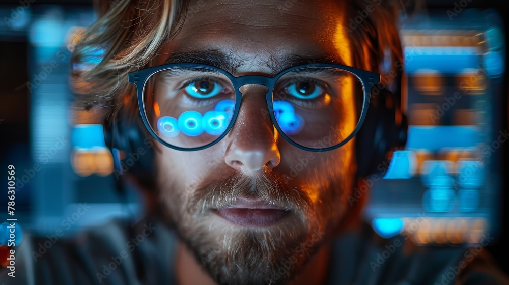 Aufkleber Developing computer code in VR interface. Software developer in glasses, headset. Futuristic computer technology concept. Man working in glasses, headset.