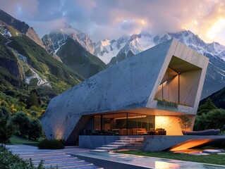 Modern house in a cloudkissed valley, surrounded by majestic mountains