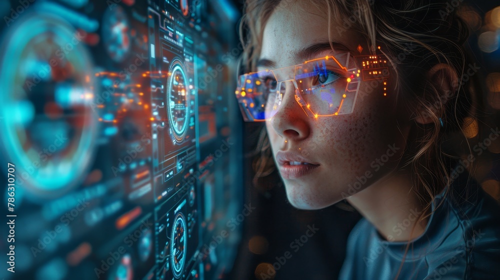 Poster The image shows a robot woman interacting with a futuristic interface on a transparent computer touch screen. Artificial intelligence analyst data is displayed on the display of the computer. Female