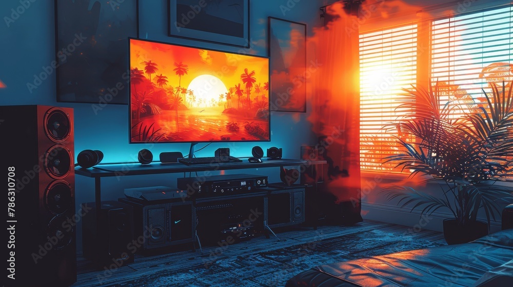 Leinwandbilder Gamer rig or powerful computer with computer game on screen. Monitor on table in dark gamer room. Gaming PC on desk. Computer interface for online video games.