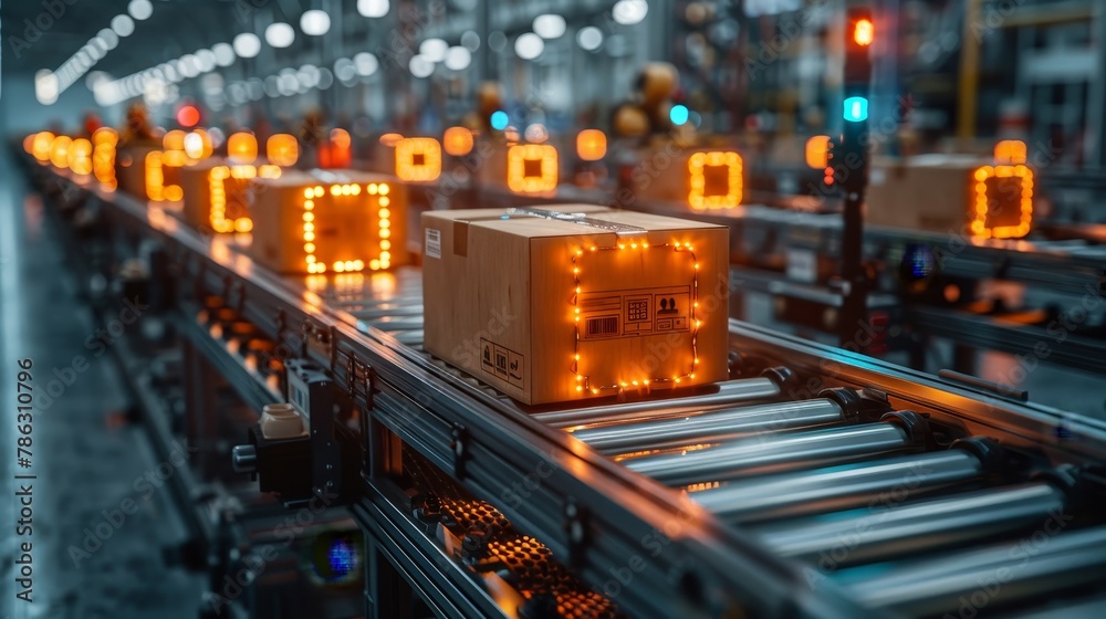 Aufkleber The robotic arm works in a smart warehouse. The robotic arm loads boxes on pallets. Smart stock storage of products using automation logistics. Industry robots with artificial intelligence in
