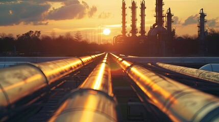 Industrial sunset over petrochemical plant pipelines - obrazy, fototapety, plakaty