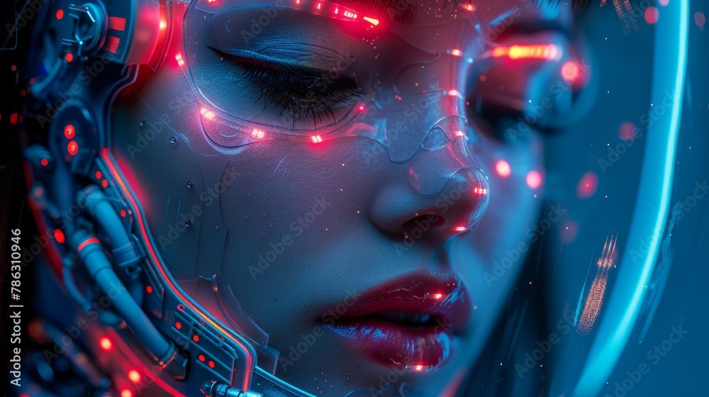 Aufkleber it is a photograph of a beautiful robotic woman with an ai in her wig painting her lips with lipstic
