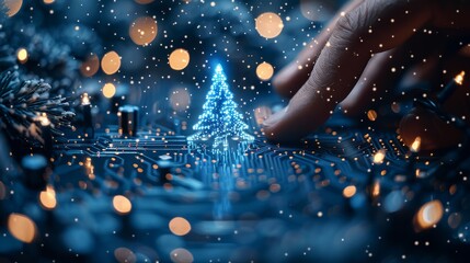 Christmas cards in the style of new technology. Christmas tree, 2024 year on printed circuit board. Snowfall, snowflakes generated by electronic signals and pulses. Technology 2024.