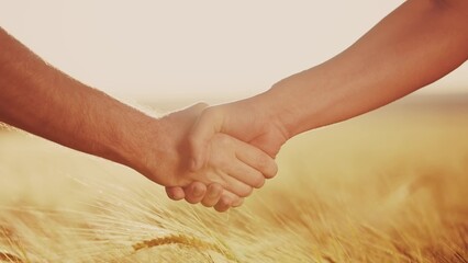 handshake contract farmers. agriculture business concept. two farmers shaking hands in a yellow...