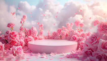 Dreamy Pink Rose Garden with Cloudy Sky – Enchanting Podium Background for Romantic Product Displays, Ideal for Valentine's Day Promotions and Feminine Brand Presentations
