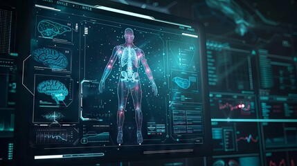 Futuristic medical interface displaying human anatomy - obrazy, fototapety, plakaty