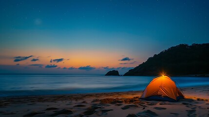 Fototapeta na wymiar a tent is lit up on the beach at night