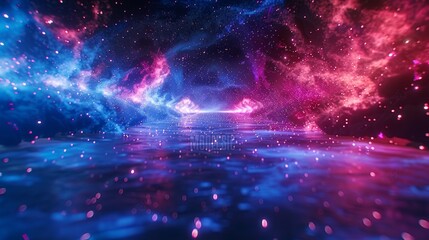 A blue and red neon glow background. Speed of light in galaxy. Explosion in universe. Background for parties, carnivals, celebrations, anniversaries, or any other occasion. 3D illustration. - obrazy, fototapety, plakaty