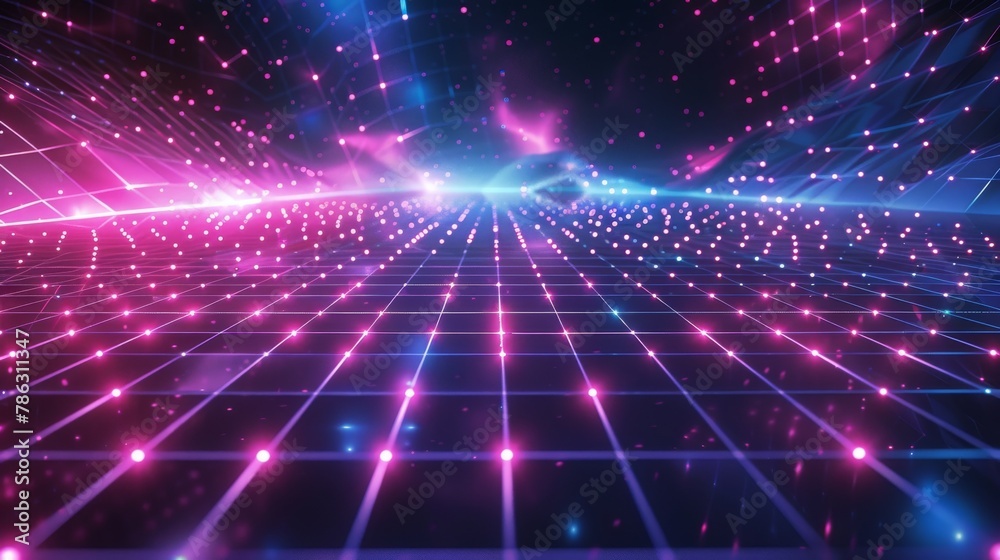 Poster Wireframe net illustration. Abstract digital background. Retro wave cyber grid. Deep space surfaces. Neon lights glowing. Starry background. Modern 3D rendering.