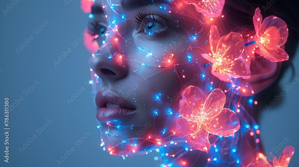 Aufkleber Artificial intelligence learns world. Cyborg head with robotic arm. Woman in anthropomorphic cyborg or robotic form. Computer neural network learning. AI with electronic brain.
