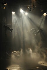 A dynamic scene featuring stage beams and theatrical spotlights against a black backdrop, - obrazy, fototapety, plakaty