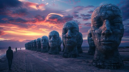 Surreal sunset with giant stone heads and solitary figure on beach - obrazy, fototapety, plakaty