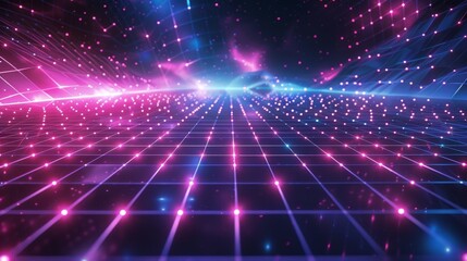 Wireframe net illustration. Abstract digital background. Retro wave cyber grid. Deep space surfaces. Neon lights glowing. Starry background. Modern 3D rendering.