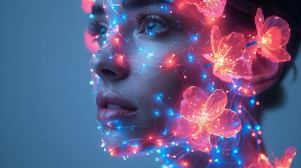 Artificial intelligence learns world. Cyborg head with robotic arm. Woman in anthropomorphic cyborg or robotic form. Computer neural network learning. AI with electronic brain. - obrazy, fototapety, plakaty