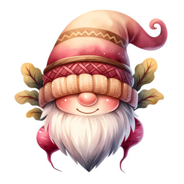 A cute cartoon gnome with a red hat and white beard, wearing a pink shirt and brown vest, with two radishes and green leaves sticking out of his hat.