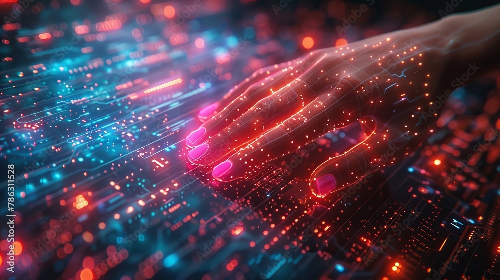 Fototapete In VR 3D cyber space, a hand user interacts with digital computer data. Technology Banner with abstract digital geometric figures. Future technology background.
