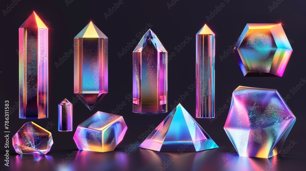 Fototapete in 3d, retro futuristic objects with glossy iridescent geometric shapes and a crystal glass element 