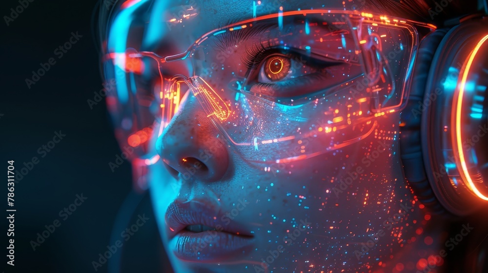 Poster Chatbot avatar. Round icon of AI face in image of a humanoid female cyborg. Chat bot logo of online technical support. Headset with microphone.