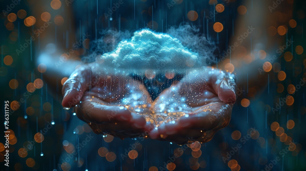 Poster Concept of a digital technology network. Cloud icon over the hand in neon lights. Digital rain of data from the cloud of digital data. Internet Datum storage synchronization. Upload or download