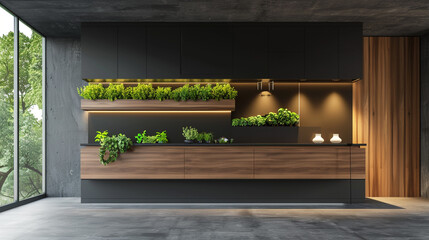An eco-friendly modern cabinet crafted from sustainable materials featuring integrated planters for greenery infusion into contemporary living spaces. - obrazy, fototapety, plakaty