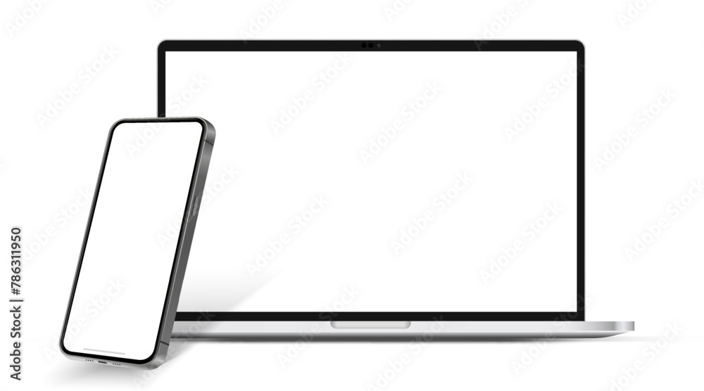 Aufkleber Modern laptop mockup front view and smartphone mockup high quality isolated on white background. Notebook mockup and phone device mockup for ui ux app and website presentation Stock Vector.