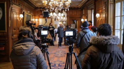 Media professionals with cameras on tripods capturing event in luxurious room with ornate wood paneling and chandeliers.