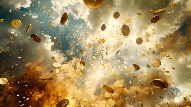 A view of many different coins falling with a fiery explosion in the background .