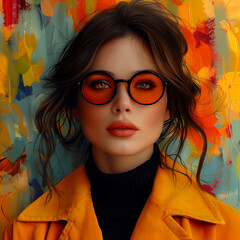 Portrait of a beautiful girl in a yellow coat and red glasses.