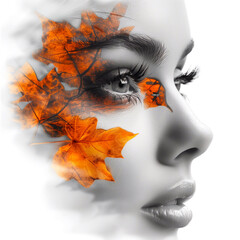 Beautiful woman with autumn leaves on her face. White background.